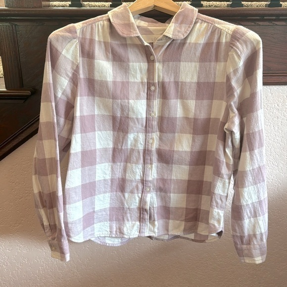 Loft Petites Size Small Pink & White Plaid Flannel Button Up Long Sleeve Shirt - Picture 1 of 3
